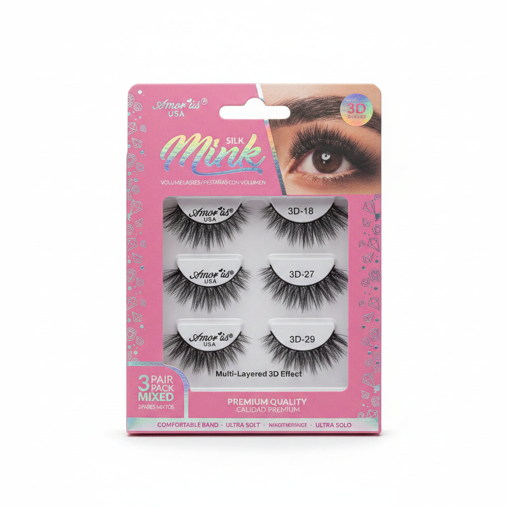 Amor Us Pestañas 3D Silk Mink Mixed 3D-18 3D-27 3D-29 3 Pares