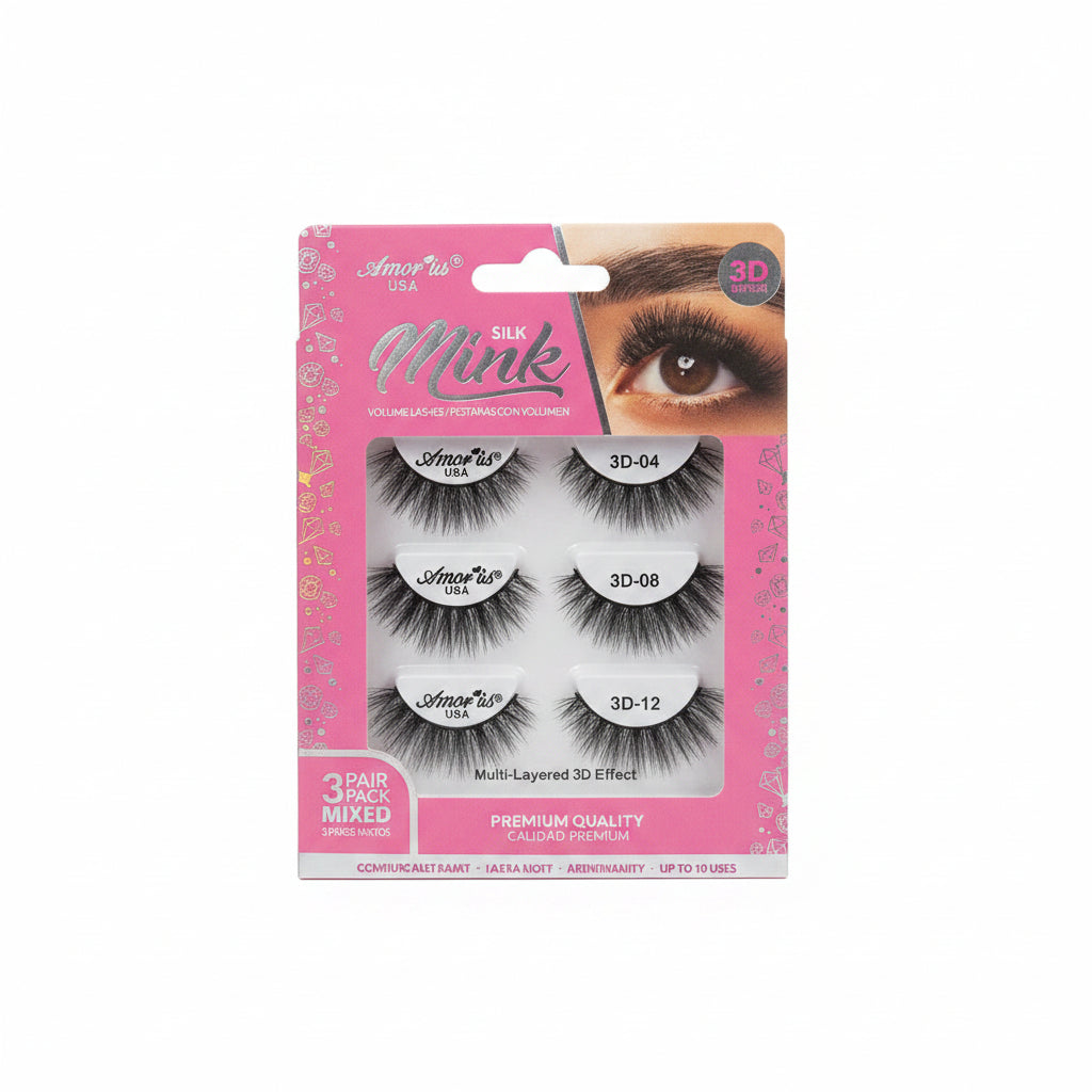 Amor Us Pestañas 3D Silk Mink Mixed 3D-04 3D-08 3D-12 3 Pares
