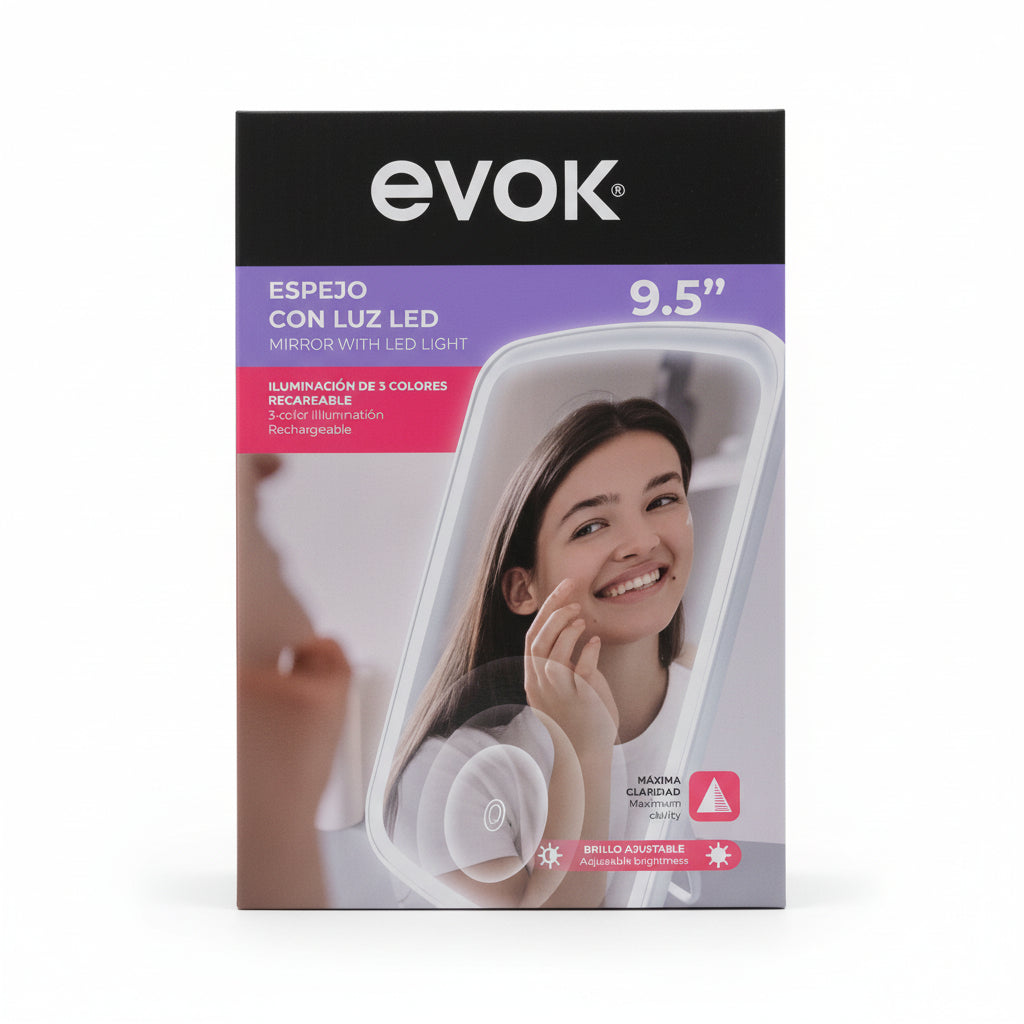 Evok® Espejo con Luz LED de 9.5" Recargable con Iluminación de 3 Colores