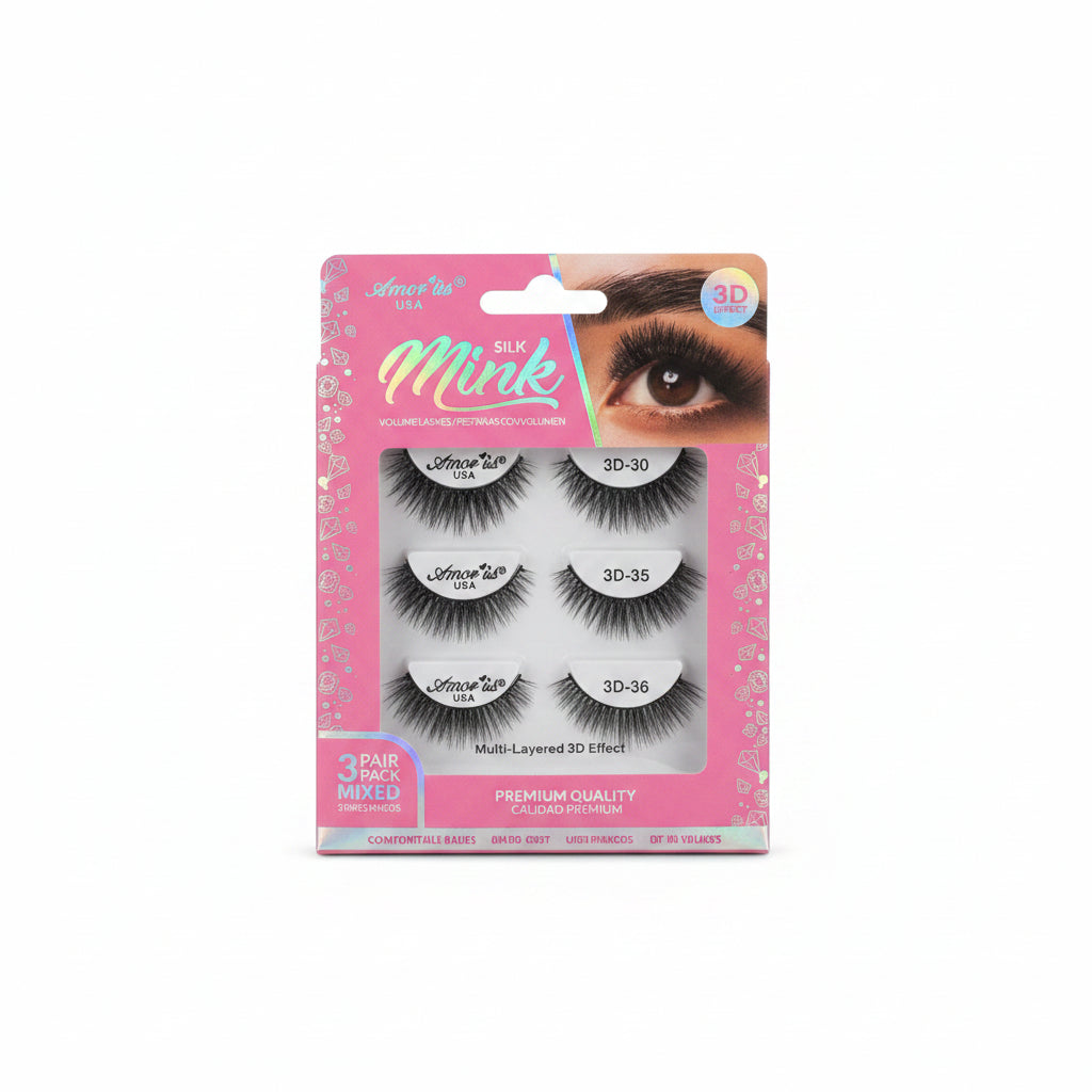 Amor Us Pestañas 3D Silk Mink Mixed 3D-30 3D-35 3D-36 3 Pares