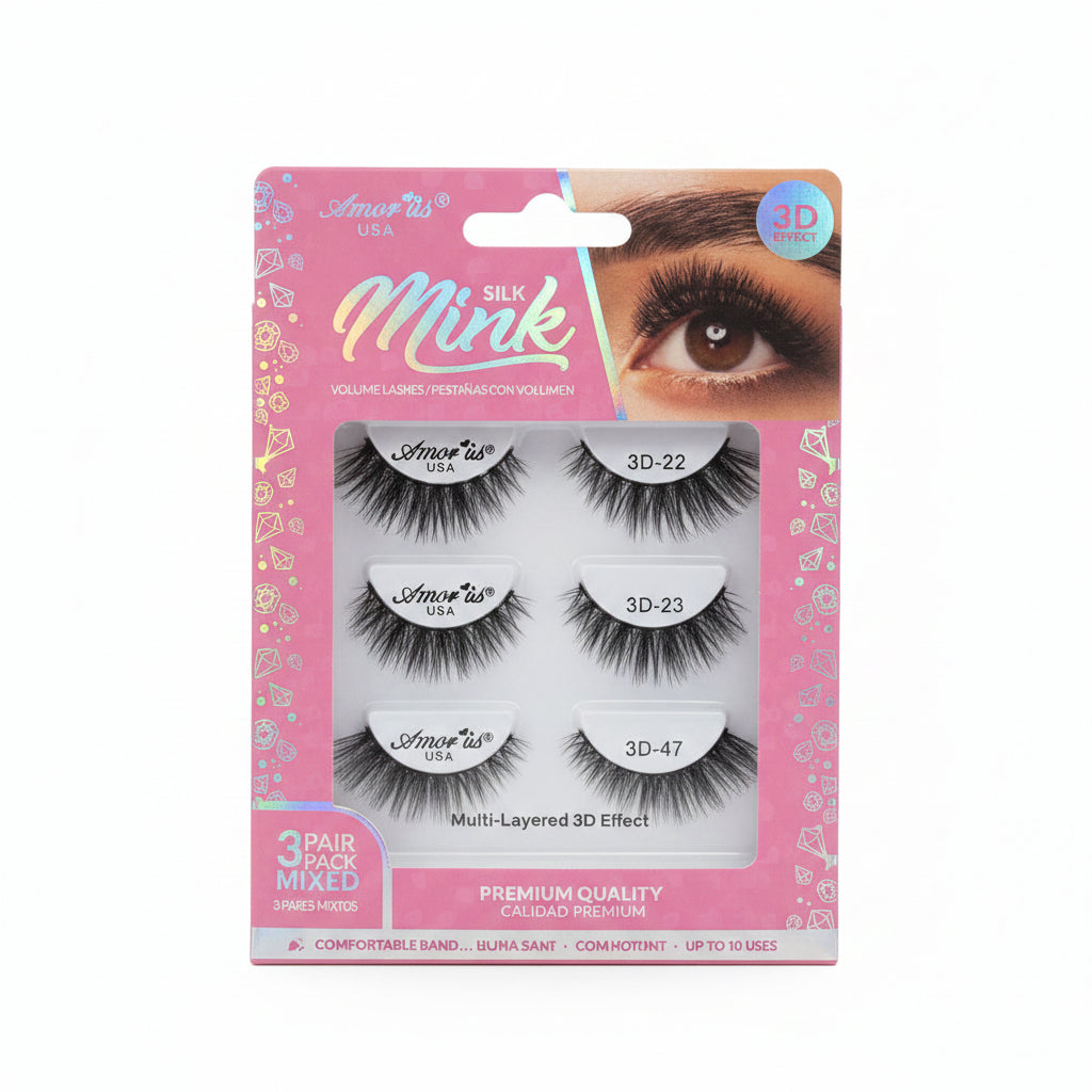 Amor Us Pestañas 3D Silk Mink Mixed 3D-22 3D-23 3D-47 3 Pares