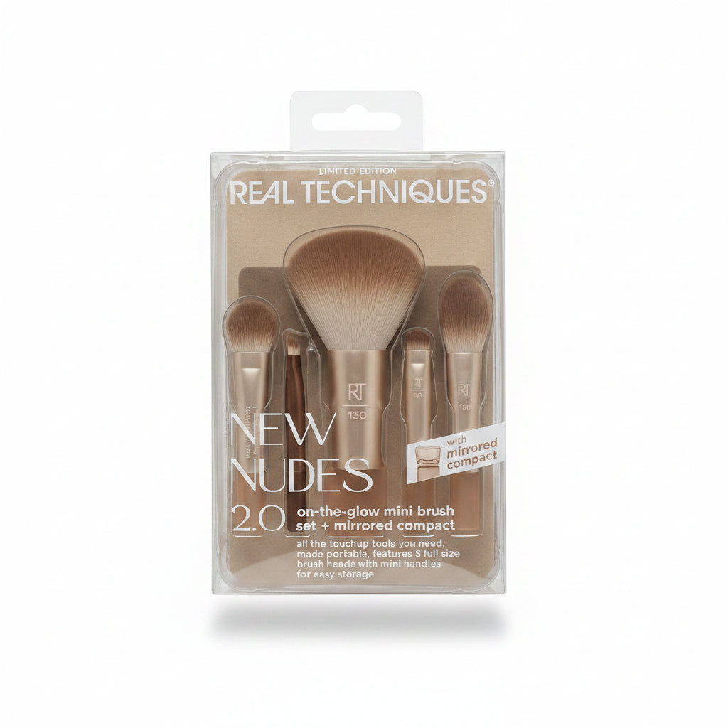 Real Techniques New Nudes 2.0 On-The-Glow Mini Brush Set + Mirrored Compact 5 piezas