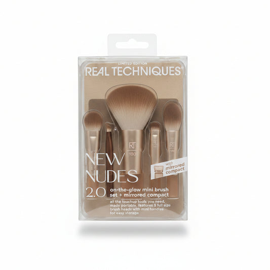 Real Techniques New Nudes 2.0 On-The-Glow Mini Brush Set + Mirrored Compact 5 piezas